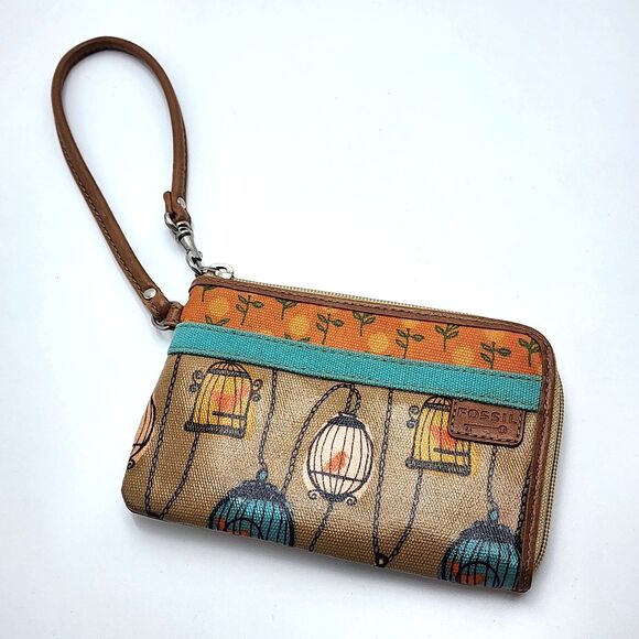 Fossil Key Per Bird Birdcage Floral Coated Canvas Wristlet Bag - Picture 1 of 5